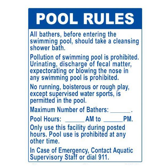 POOL RULES NY ALL SUPERVISORY LEVELS 18IN X 24IN WHITE  2038WS1824E