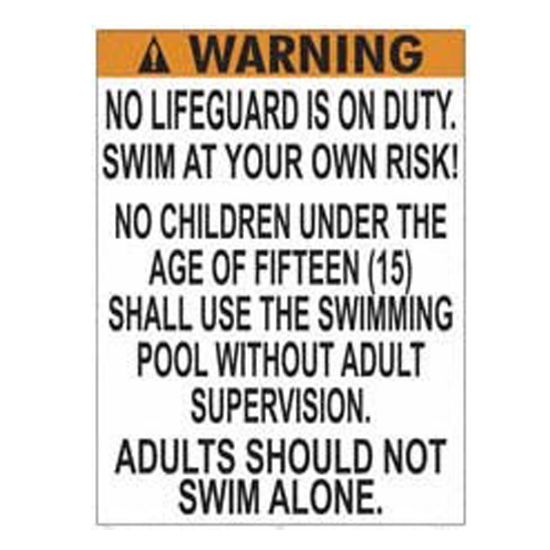 WARNING NO LIFEGUARD ALUMINUM SIGN (DC 1607WD3648E