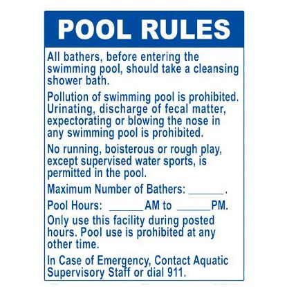 POOL RULES NY ALL SUPERVISORY 18INX24IN WHITE ALUMINUM 2038WA1824E