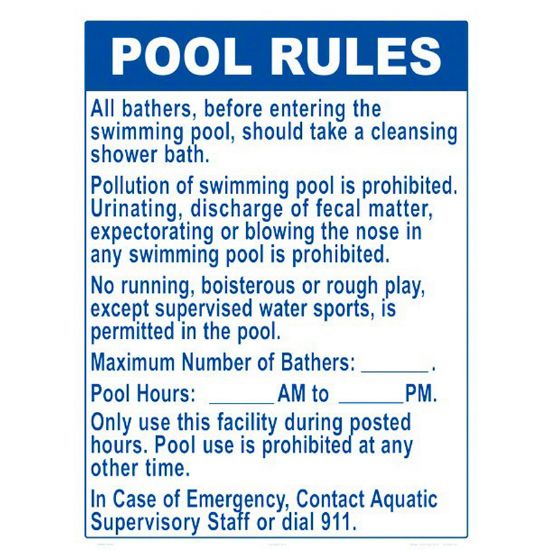POOL RULES NY ALL SUPERVISORY 18INX24IN WHITE ALUMINUM 2038WA1824E