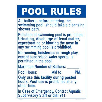 POOL RULES NY ALL SUPERVISORY LEVELS 18IN X 24IN WHITE  2038WS1824E